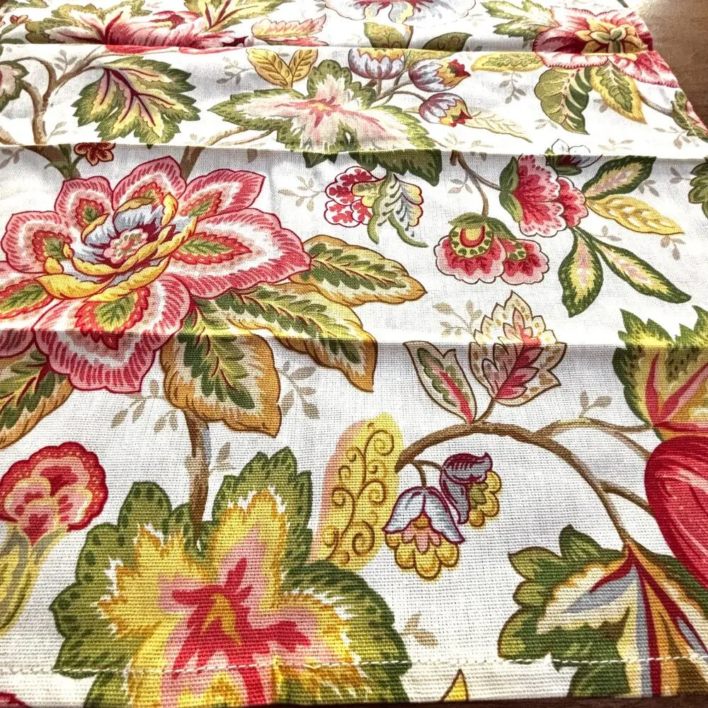 Set of 4 cotton cloth napkins Jacobean flowers colorful pink & green 20